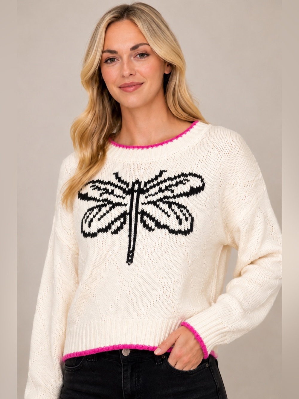 Miracle Dragonfly Knit Sweater – Cream, Black & Hot Pink